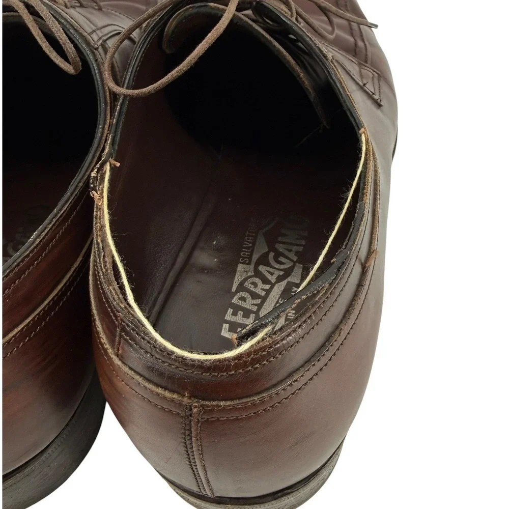 Salvatore Ferragamo Men Brown Leather Apron Toe Derby Dress Shoes 10.5 D Lace Up